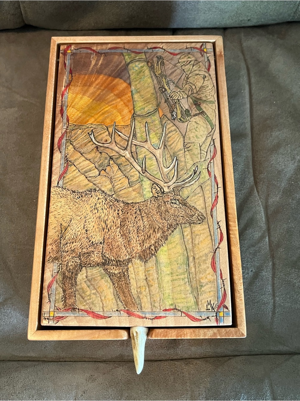 Handcrafted Elk wood  Stash/ Trinket box Brown and Green